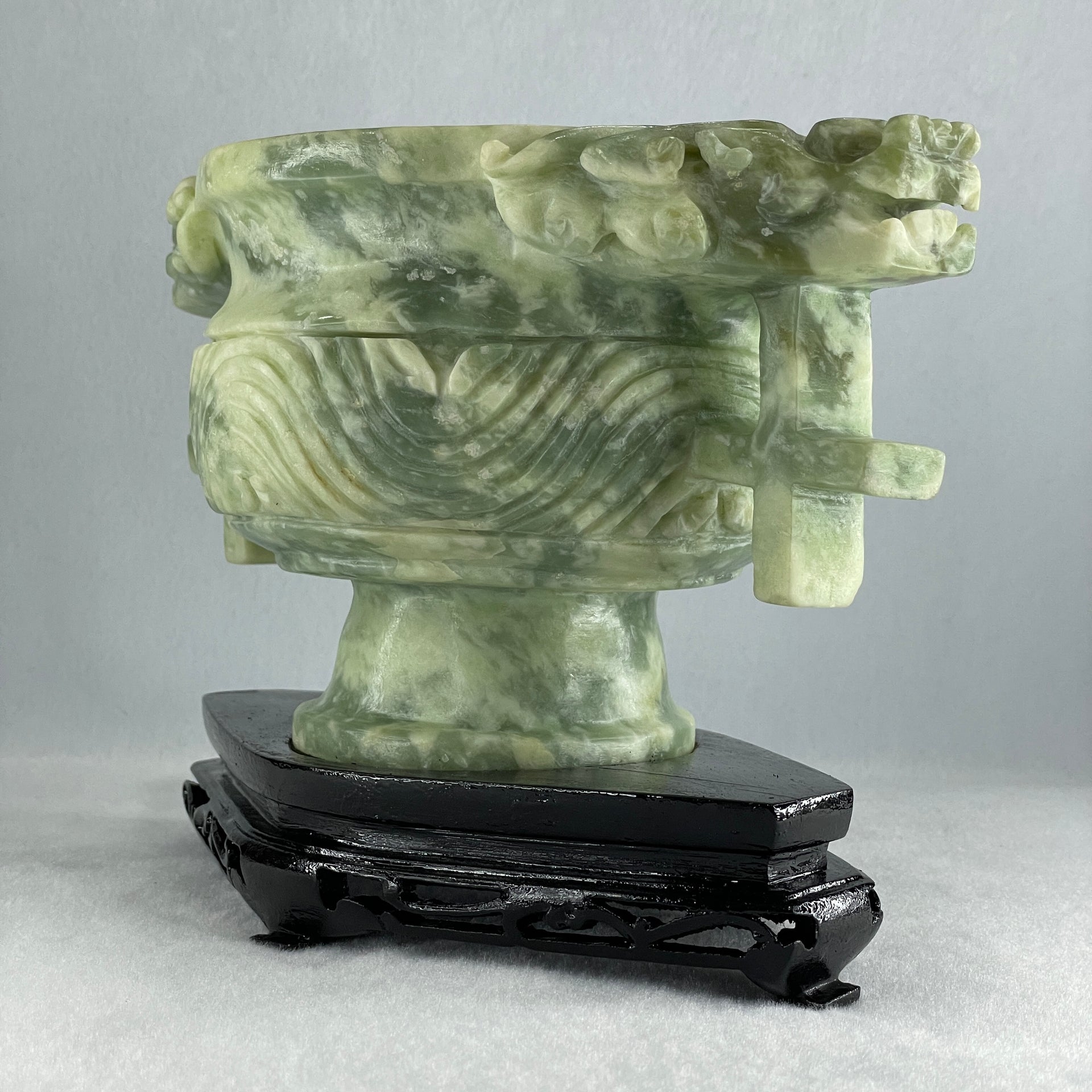 Natural Green with White Piao Hua Serpentine Double Dragon Head on Wealth Pot with Wooden Stand Display 2,463.9g 231.0 by 127.0 by 156.0mm - Huangs Jadeite and Jewelry Pte Ltd