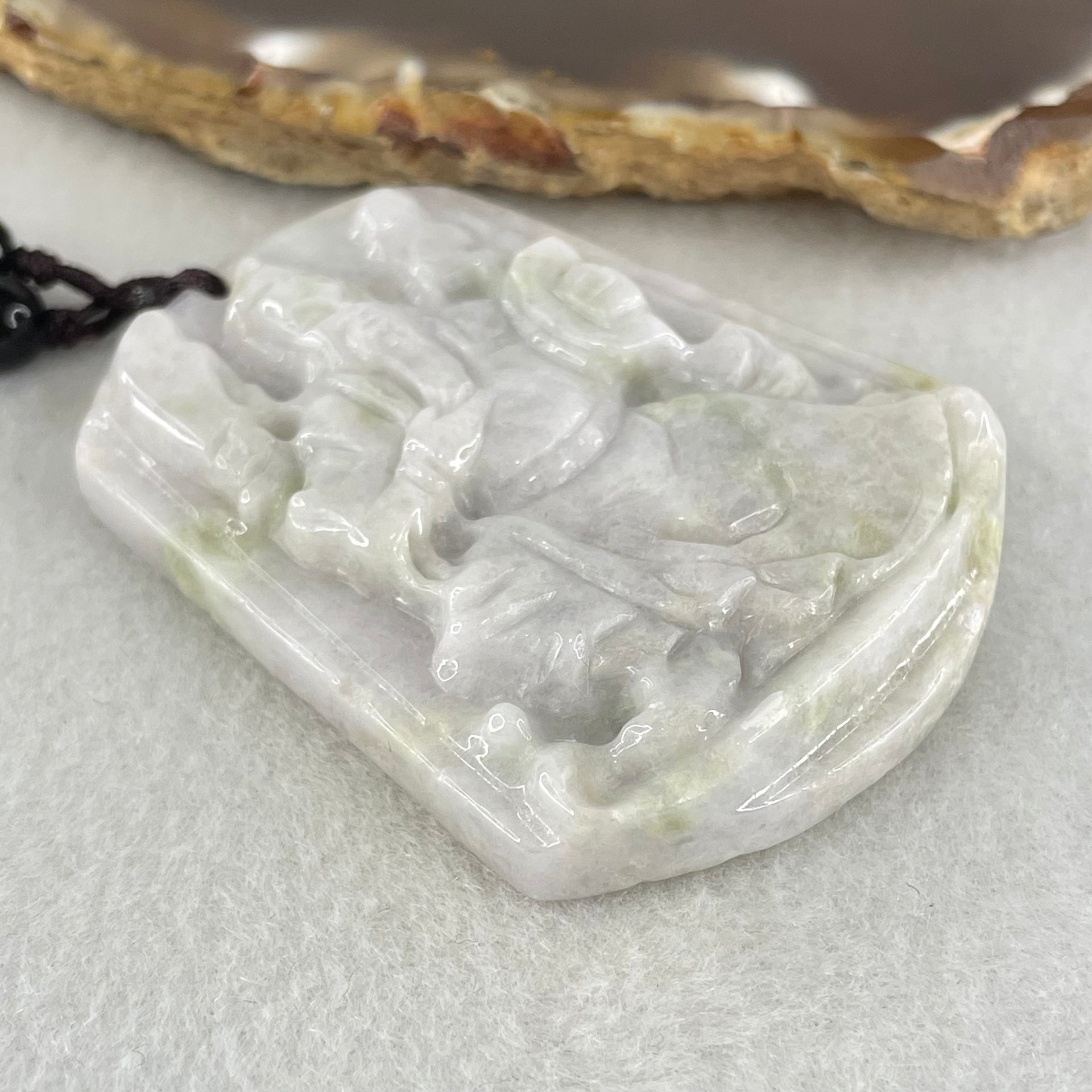 Type A Faint Lavender Green Jadeite Guan Gong Pendant 44.09g 54.8 by 43.4 by 9.8mm (Slight Rough on Bottom) - Huangs Jadeite and Jewelry Pte Ltd