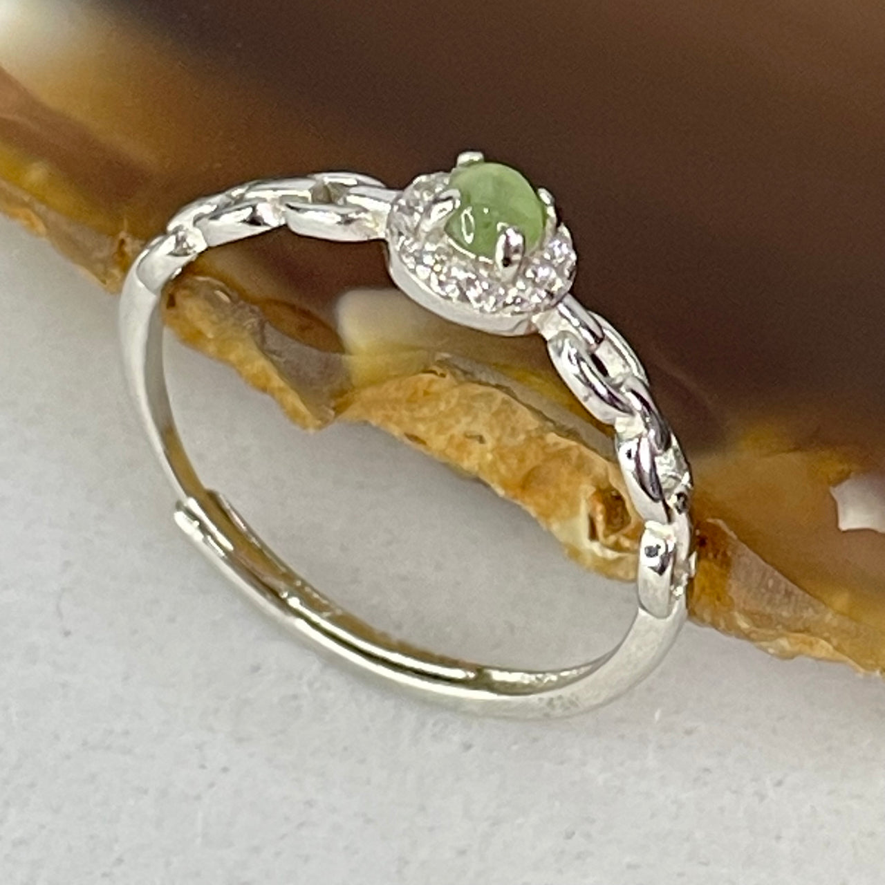 Type A Semi Icy Green Cabochon Jadeite in S925 Sliver Ring (Adjustable Size) 0.90g 3.0 by 1.5mm - Huangs Jadeite and Jewelry Pte Ltd