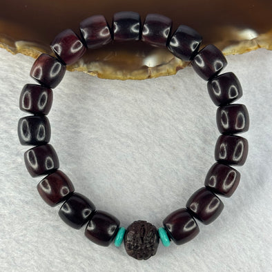 Natural Indian Small Leaf Zitan Wood Beads and Pixiu Bead with Turquoise Bracelet 印度小叶紫檀 14.33g 17cm 10.2mm 19 Beads - Huangs Jadeite and Jewelry Pte Ltd