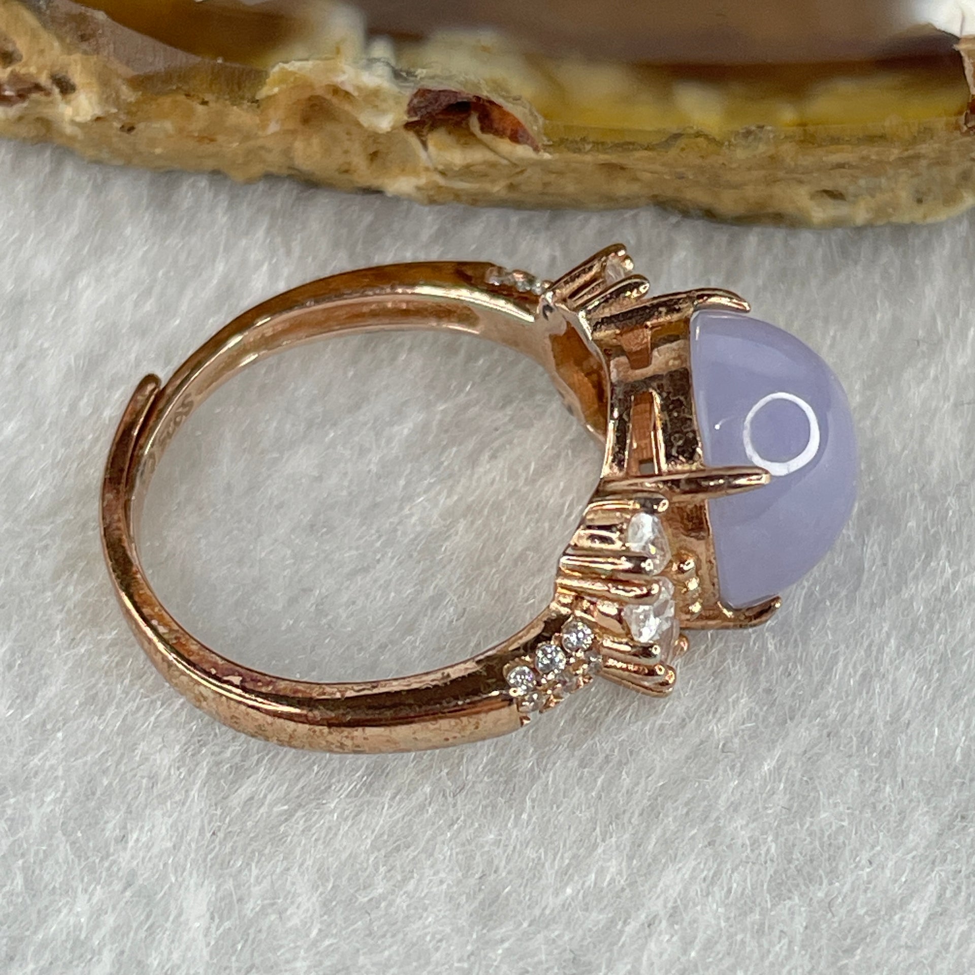 Certified Natural Type A Lavender Jadeite Round Shape Cabouchon with Cubic Zirconia in S925 Rose Gold Coler Silver Ring (Adjustable Size) 3.908g 10.3 by 9.7 by 6.0mm - Huangs Jadeite and Jewelry Pte Ltd