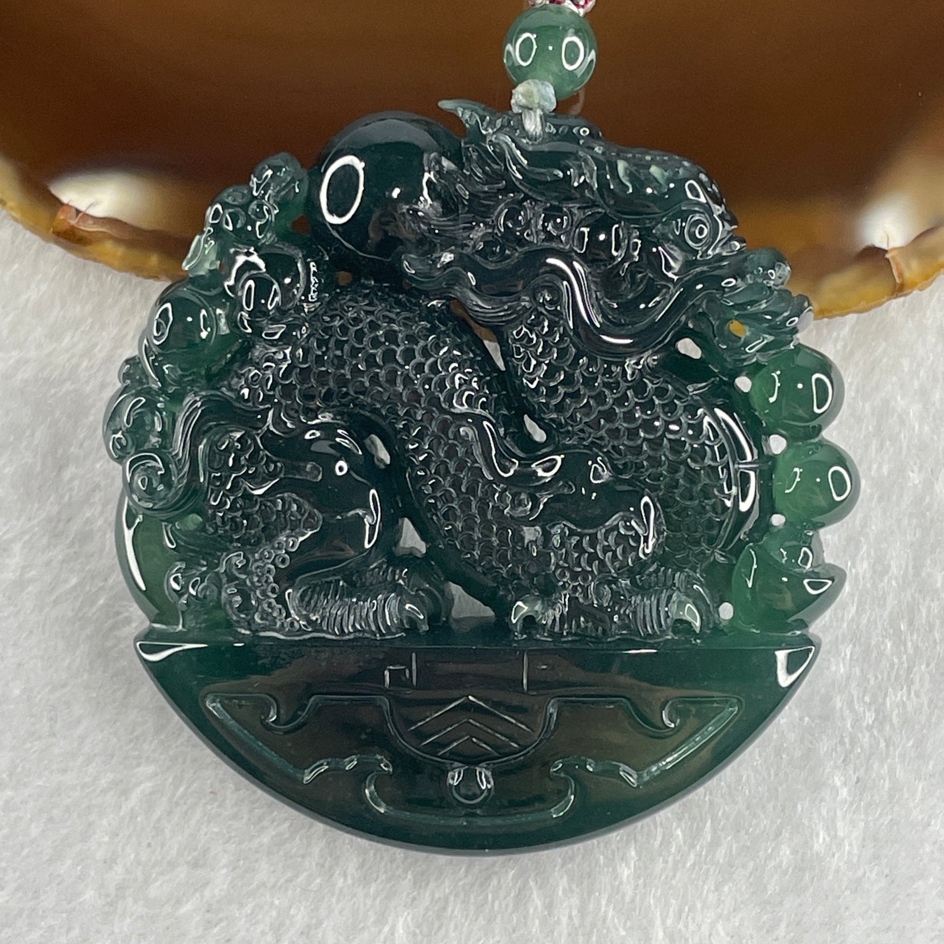 Type A Semi Icy Blueish Green Jadeite Double Dragon Pendant 71.30g 54.0 by 11.9mm - Huangs Jadeite and Jewelry Pte Ltd