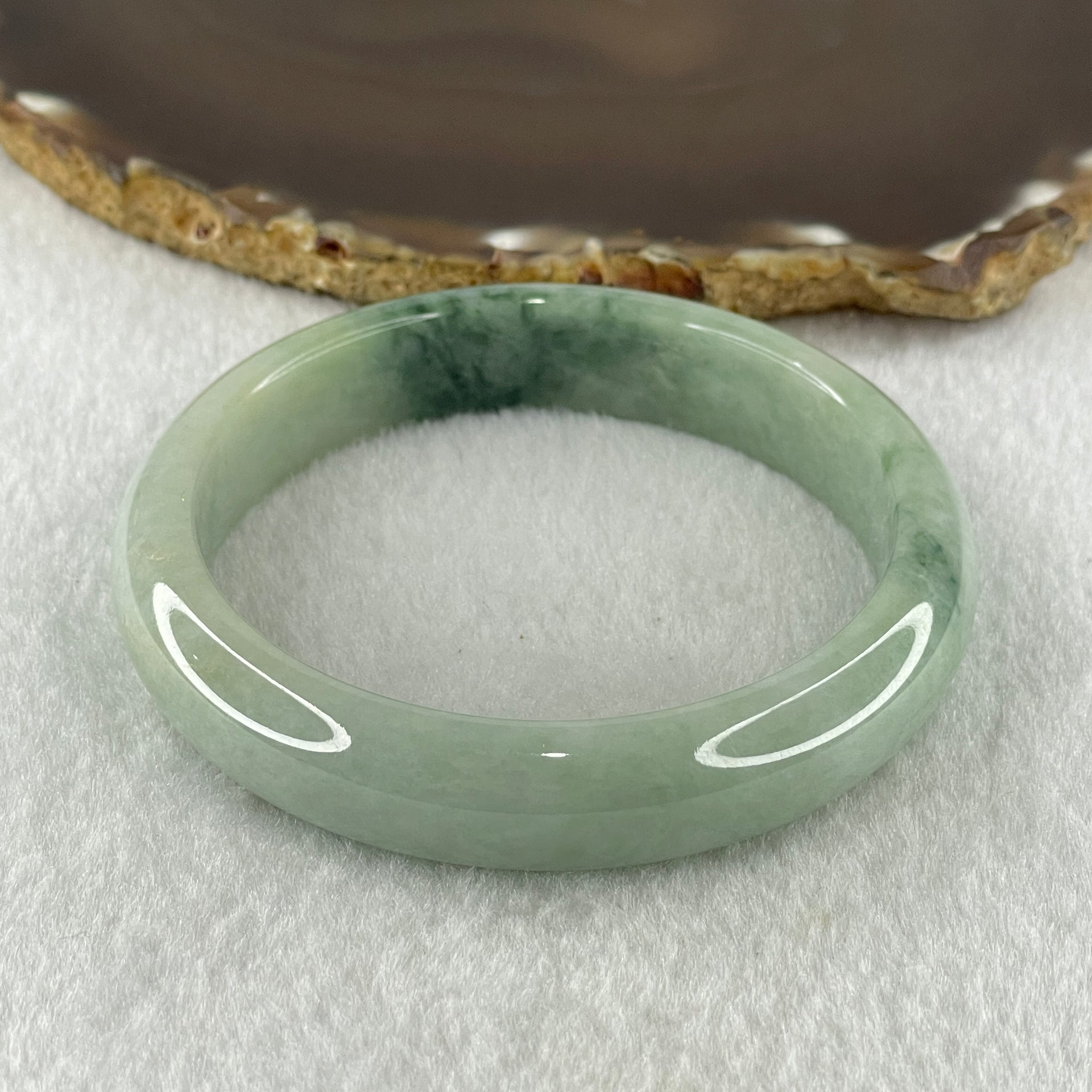 Natural Type A Light Green with Blueish Green Piao Hua Flora Jadeite Bangle 64.13g Inner Diameter 61.8mm 14.2 by 8.4mm (Very Slight Internal Lines) - Huangs Jadeite and Jewelry Pte Ltd