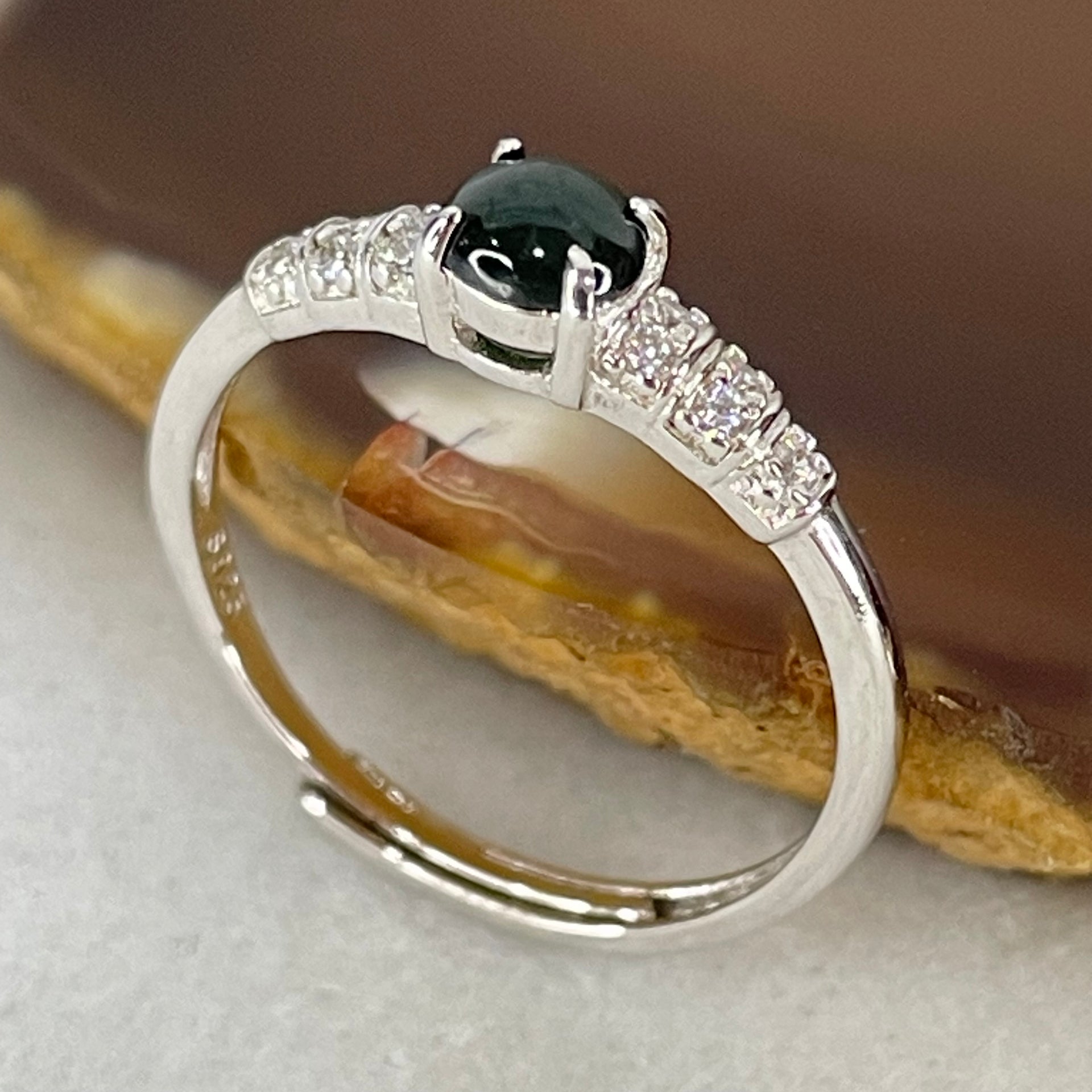Type A Dark Green Cabochon Jadeite in S925 Sliver Ring (Adjustable Size) 1.22g 4.3 by 2.0mm - Huangs Jadeite and Jewelry Pte Ltd