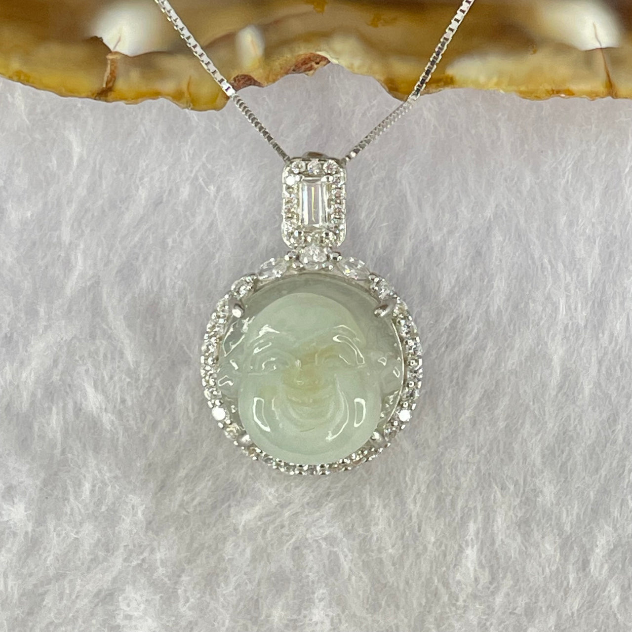 Type A Faint Green Lavender Yellow Milo Buddha with Crystals in S925 Sliver Pendant and Necklace 5.52g 13.9 by 13.9 by  7.5mm - Huangs Jadeite and Jewelry Pte Ltd