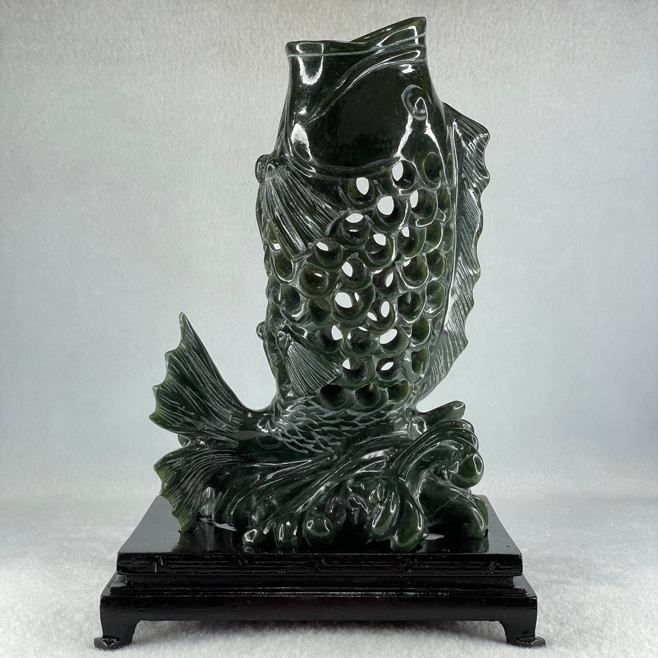 Natural Dark Green Serpentine Carp Fish with Wooden Stand Display 1,215.0g 160.0 by 120.0 by 230.0mm - Huangs Jadeite and Jewelry Pte Ltd