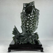Natural Dark Green Serpentine Carp Fish with Wooden Stand Display 1,215.0g 160.0 by 120.0 by 230.0mm - Huangs Jadeite and Jewelry Pte Ltd
