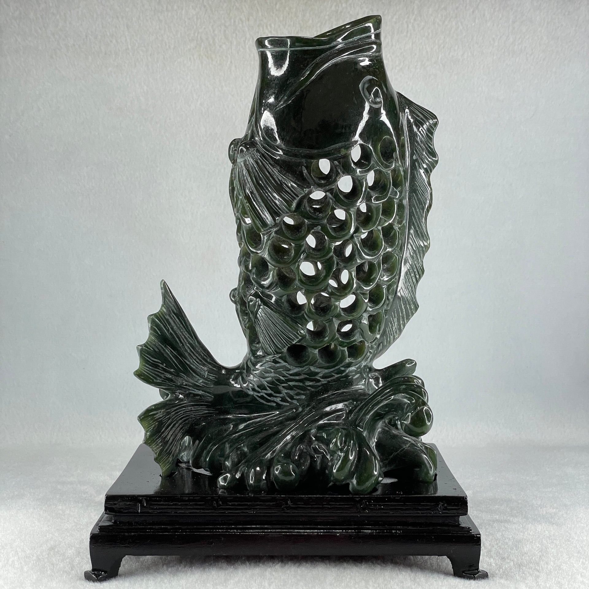 Natural Dark Green Serpentine Carp Fish with Wooden Stand Display 1,215.0g 160.0 by 120.0 by 230.0mm - Huangs Jadeite and Jewelry Pte Ltd