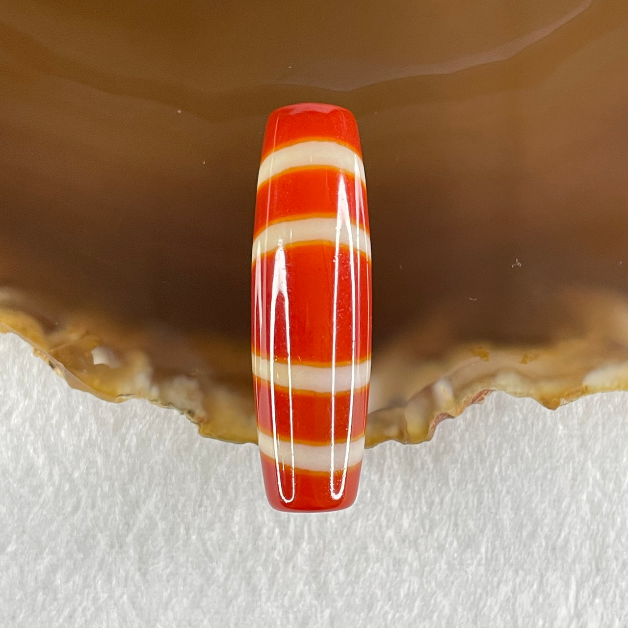 Natural Powerful Tibetan Old Oily Red White Agate 4 Lines Bead Heavenly Master (Tian Zhu) 8.89g 39.4 by 12.0mm - Huangs Jadeite and Jewelry Pte Ltd