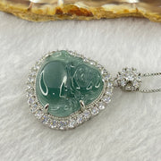 Type A Icy Blueish Green Jadeite Milo Buddha Pendent with Crystals in S925 Sliver Setting and Chain 11.73g 20.8 by 23.5 by 3.5mm - Huangs Jadeite and Jewelry Pte Ltd