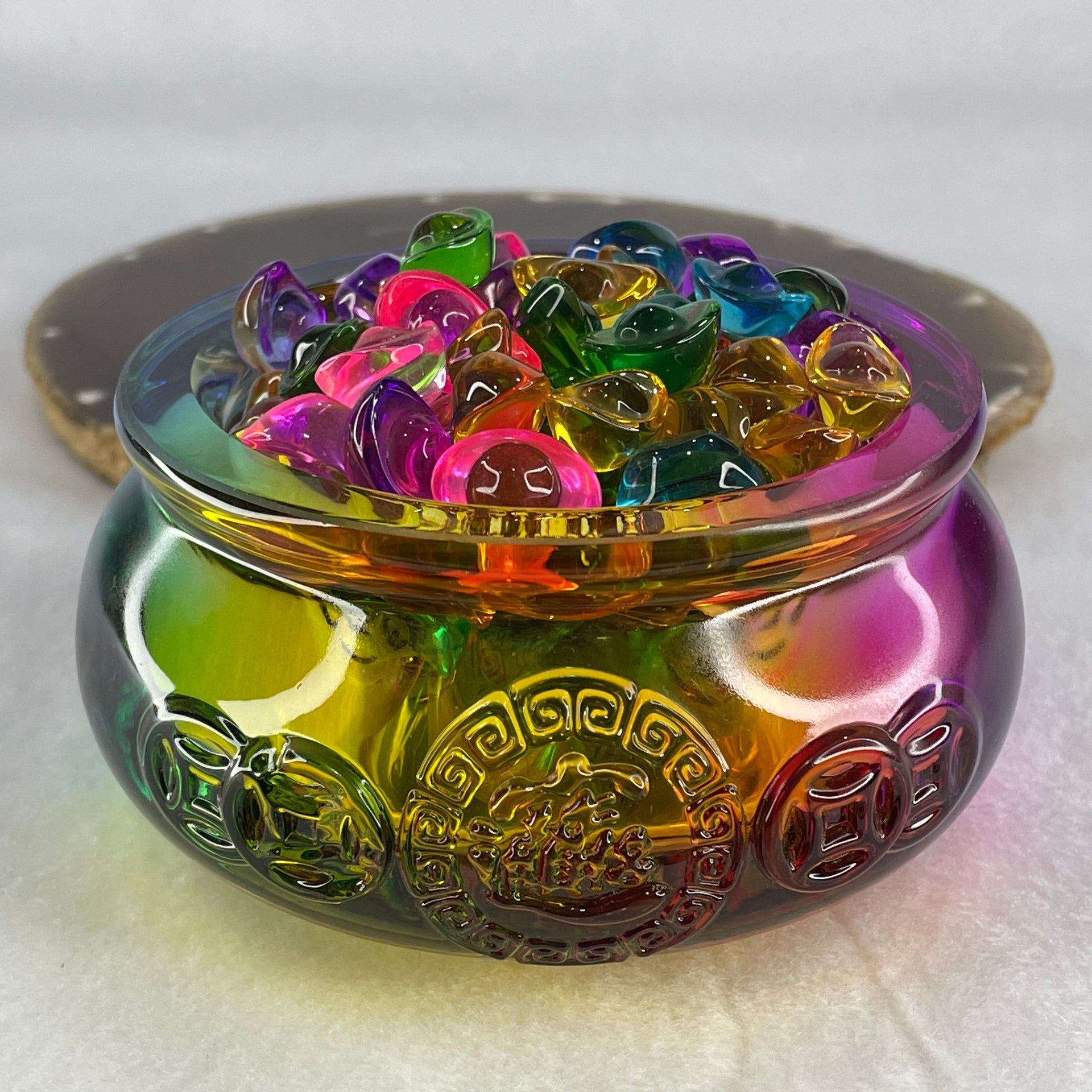 Muti Color Liuli Wealth Pot with Ingot Yuan Bao Display Total Weight 638.93g 101.0 by 51.0mm - Huangs Jadeite and Jewelry Pte Ltd