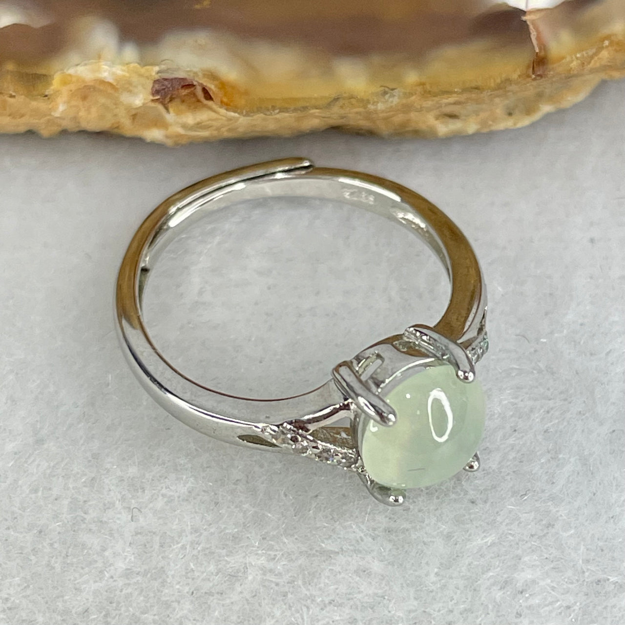 Type A Semi Icy Light Green Jadeite Cabochon in S925 Sliver Ring  (Adjustable Size) 1.70g 7.1 by 6.6 by 3.5mm - Huangs Jadeite and Jewelry Pte Ltd