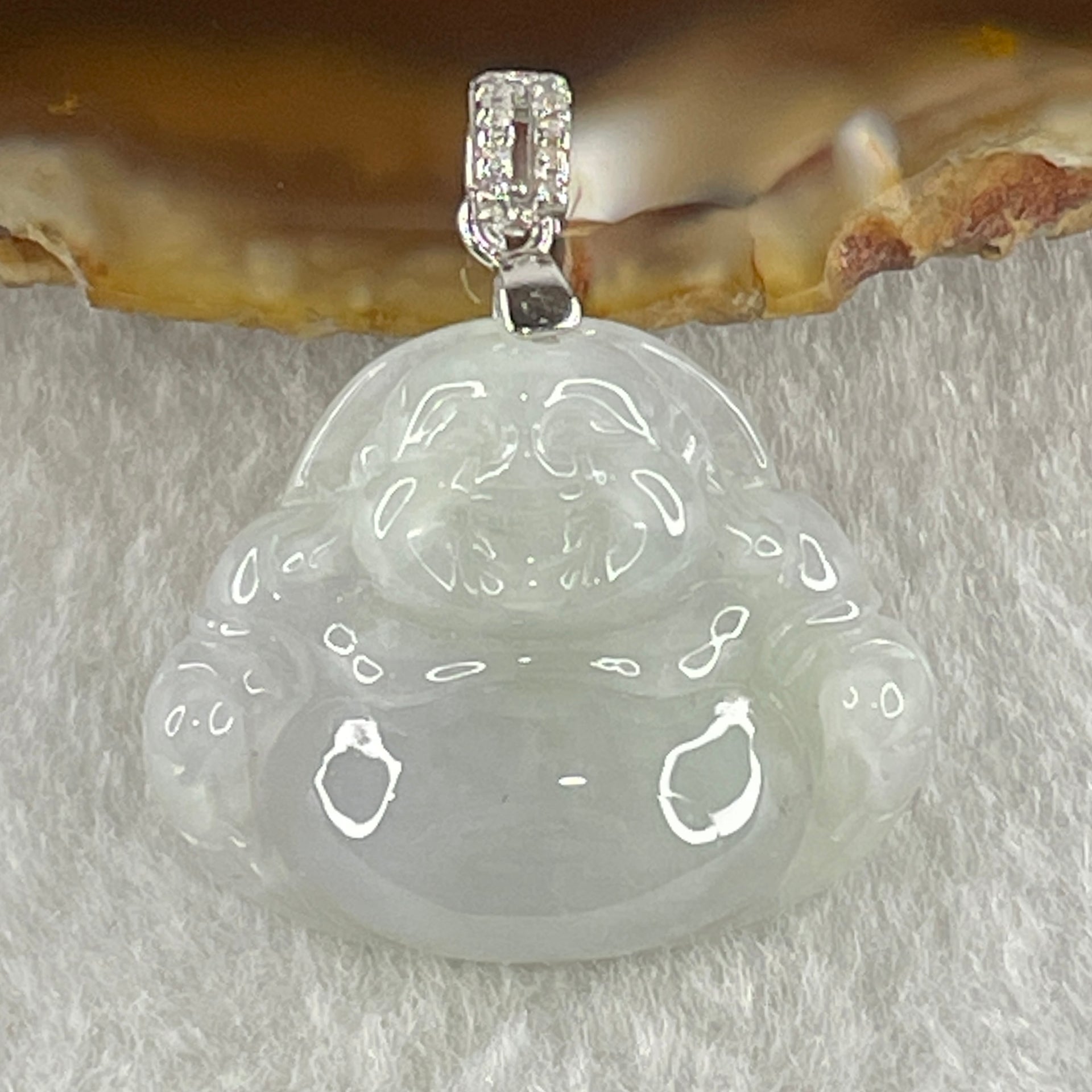 Natural Type A Light Lavender Jadeite Milo Buddha in S925 Silver and Cubic Zirconia Clasp Pendant 4.57g 20.4 by 24.8 by 6.0mm - Huangs Jadeite and Jewelry Pte Ltd