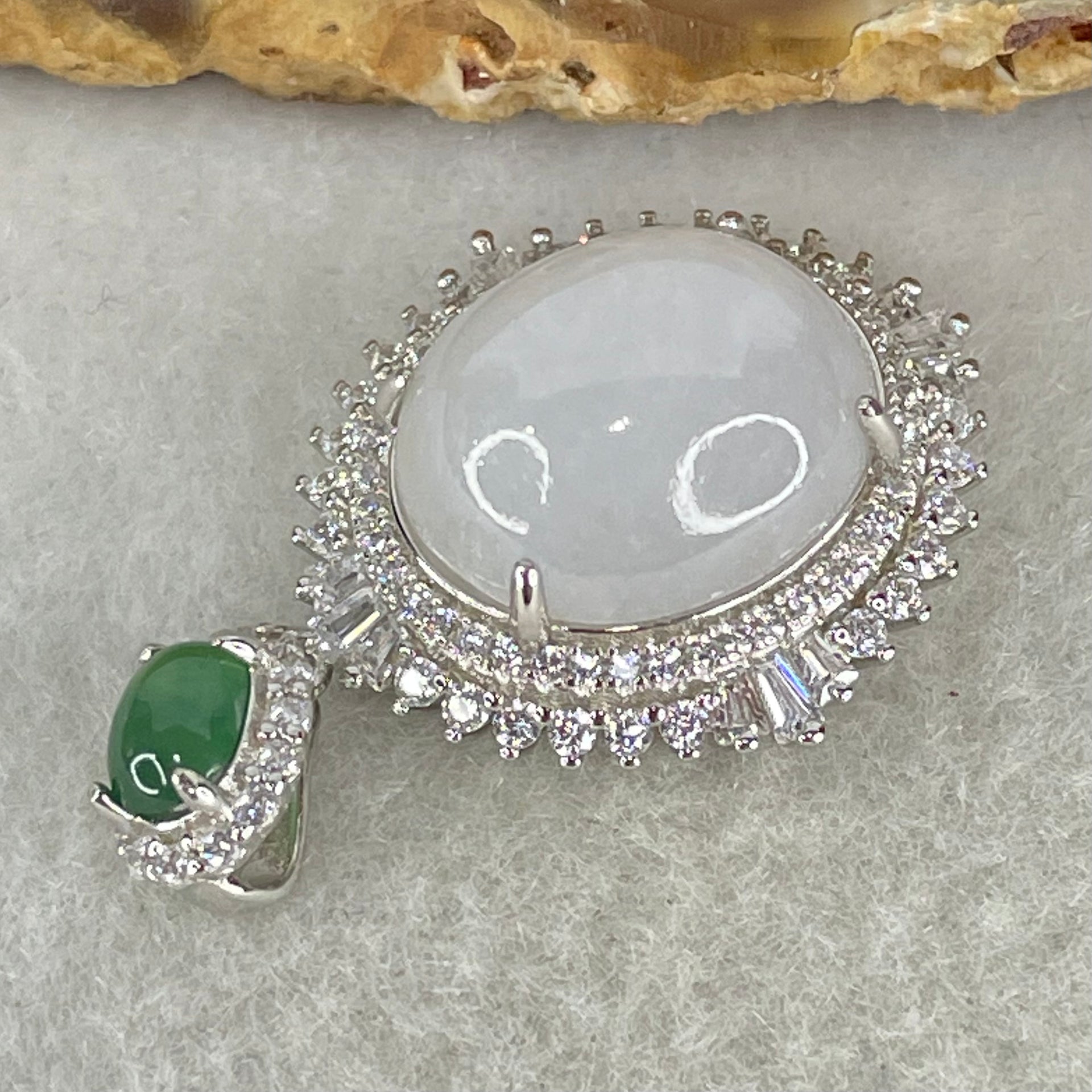 Type A Lavender and Old Mine Spicy Green Cabochon Jadeite in S925 Sliver with Crystal Charm 4.85g 14.2 by 12.2 by 7.0mm - Huangs Jadeite and Jewelry Pte Ltd