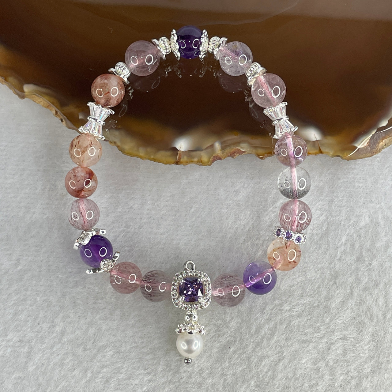 Natural Super 7 Beads Bracelet with Silver Color Charms | 15.5cm Tailored Strand | 17-Piece 8.5mm Sacred Seven "Melody Stone" Cosmic Harmony Wealth Amulet (20.11g)