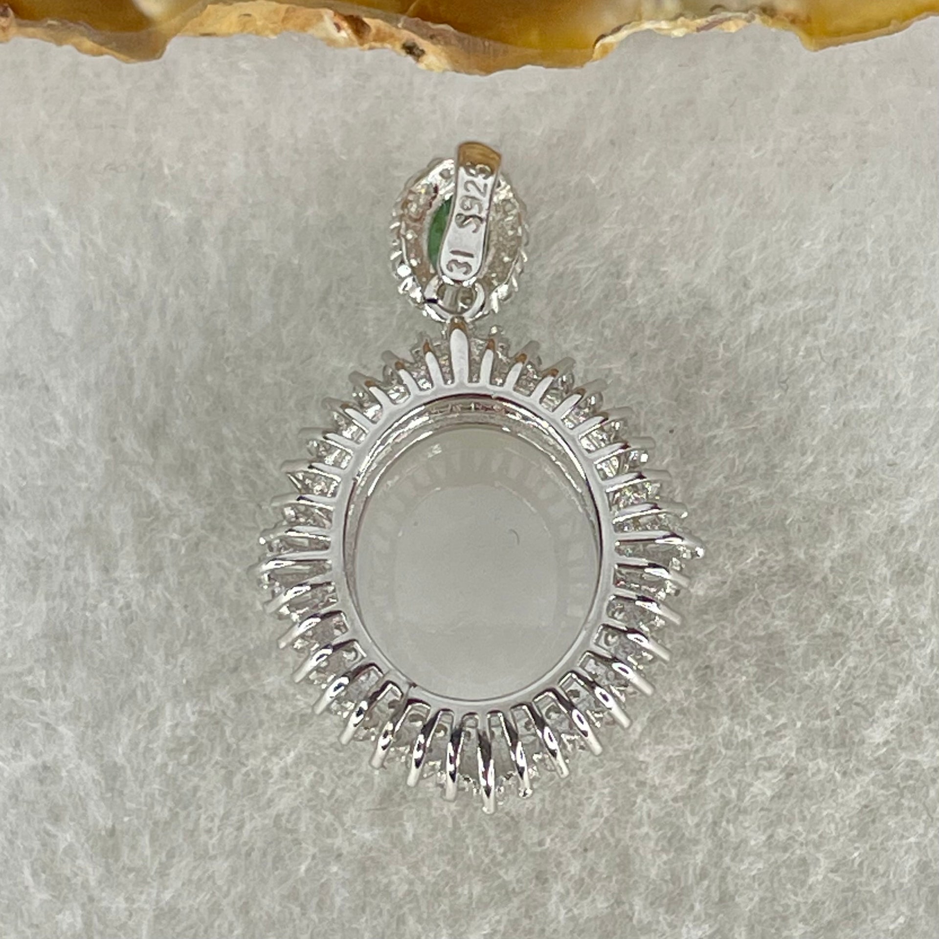 Type A Lavender and Old Mine Spicy Green Cabochon Jadeite in S925 Sliver with Crystal Charm 4.85g 14.2 by 12.2 by 7.0mm - Huangs Jadeite and Jewelry Pte Ltd