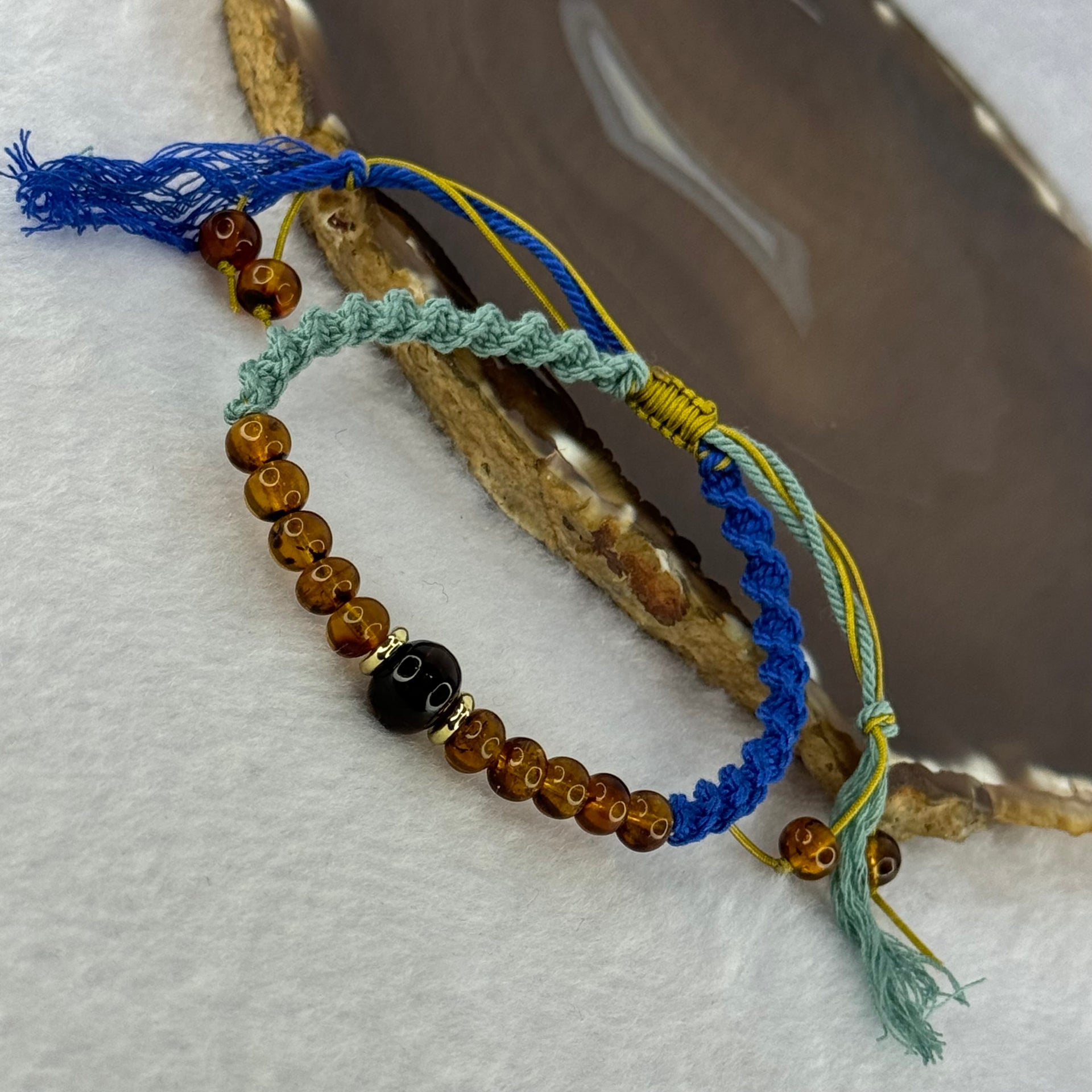 Natural Golden Medicine 6.1mm 10 Beads and Blood Red 9.3mm 1 Bead Amber String Bracelet 天然抚顺琥珀加黄金药琥珀手链 3.78g 15cm - Huangs Jadeite and Jewelry Pte Ltd