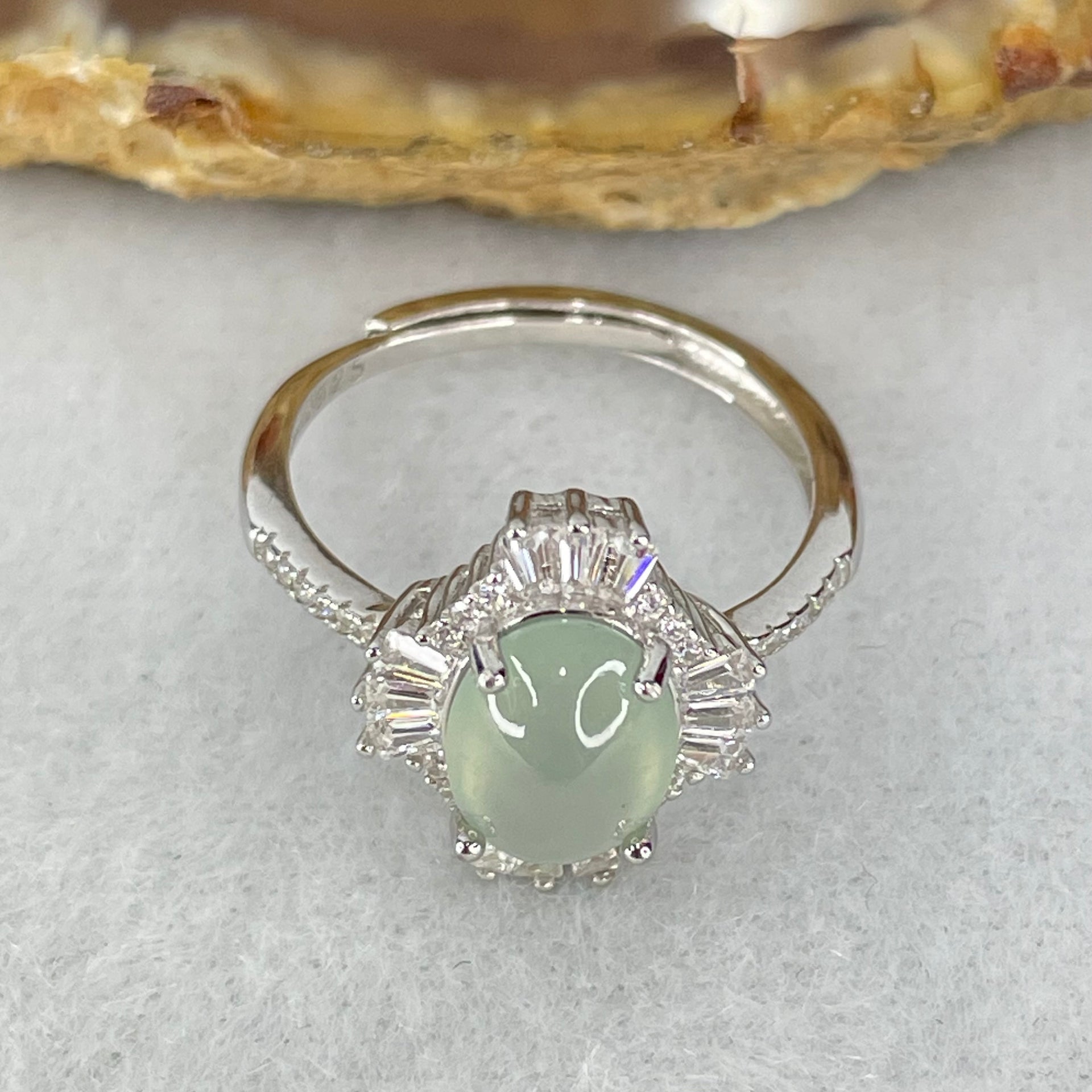 Type A Icy Light Sky Blue Jadeite Cabochon with Crystals in S925 Sliver Ring 2.55g 8.6 by 6.9 by 4.0mm - Huangs Jadeite and Jewelry Pte Ltd