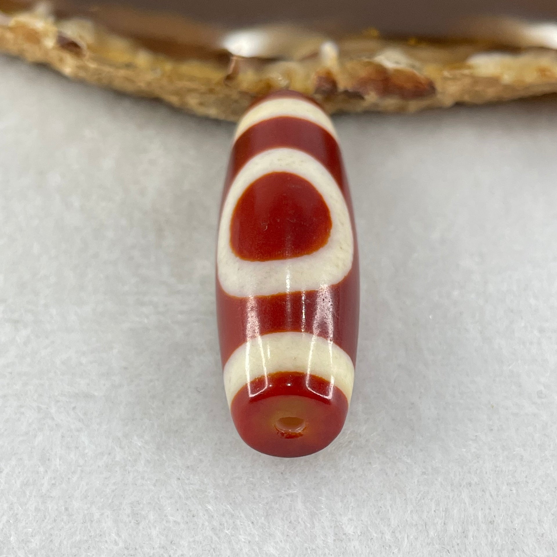 Natural Powerful Tibetan Old Oily Red White Agate One Eye Fire Sign Dzi Bead Heavenly Master (Tian Zhu) 一眼火天珠 11.40g 37.8 by 14.1mm - Huangs Jadeite and Jewelry Pte Ltd