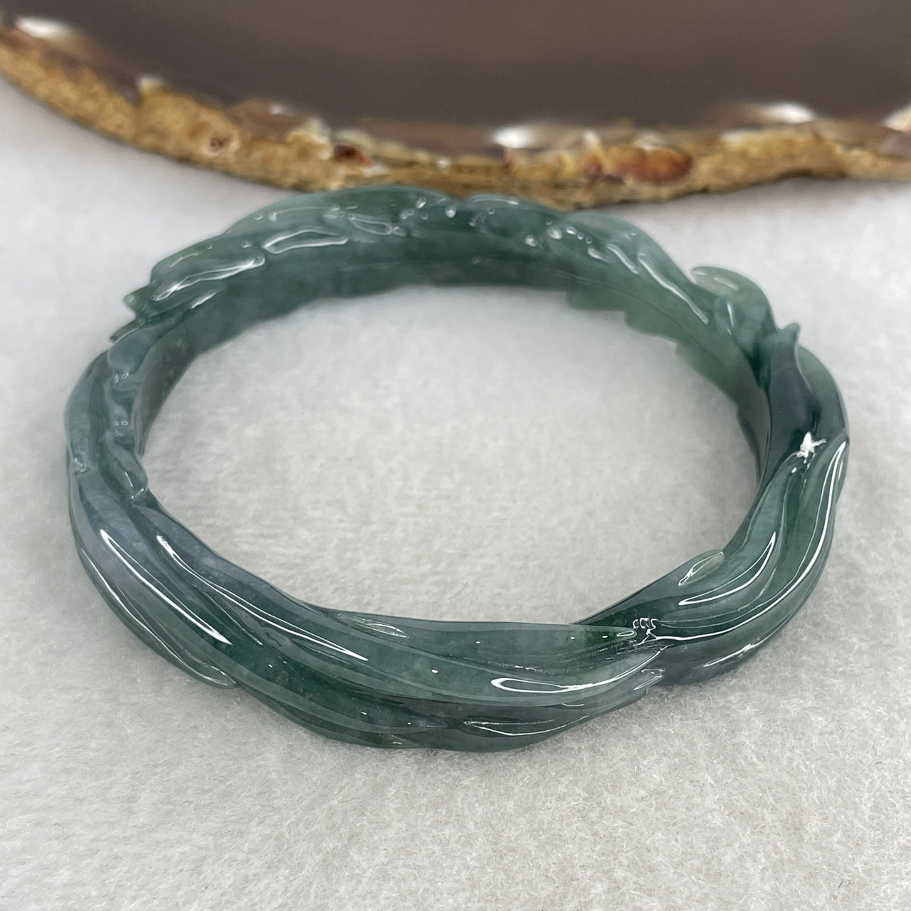 Natural Type A Blueish-Green Jadeite Carved Bangle | 57.8mm Deep Water "Vines of Abundance" | Internal Lines "Fei Cui" Round Wrist Heirloom (35.86g 10.5x8.4mm)