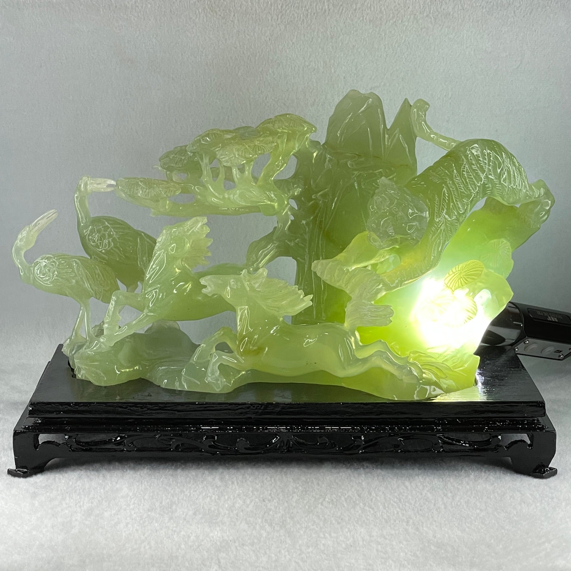 Natural Jelly Green Serpentine Tiger with Double Horse and Twin Flamingo on Shan Shui with Wooden Stand Display 2,362.7g 295.0 by 148.0 by 206.0mm - Huangs Jadeite and Jewelry Pte Ltd