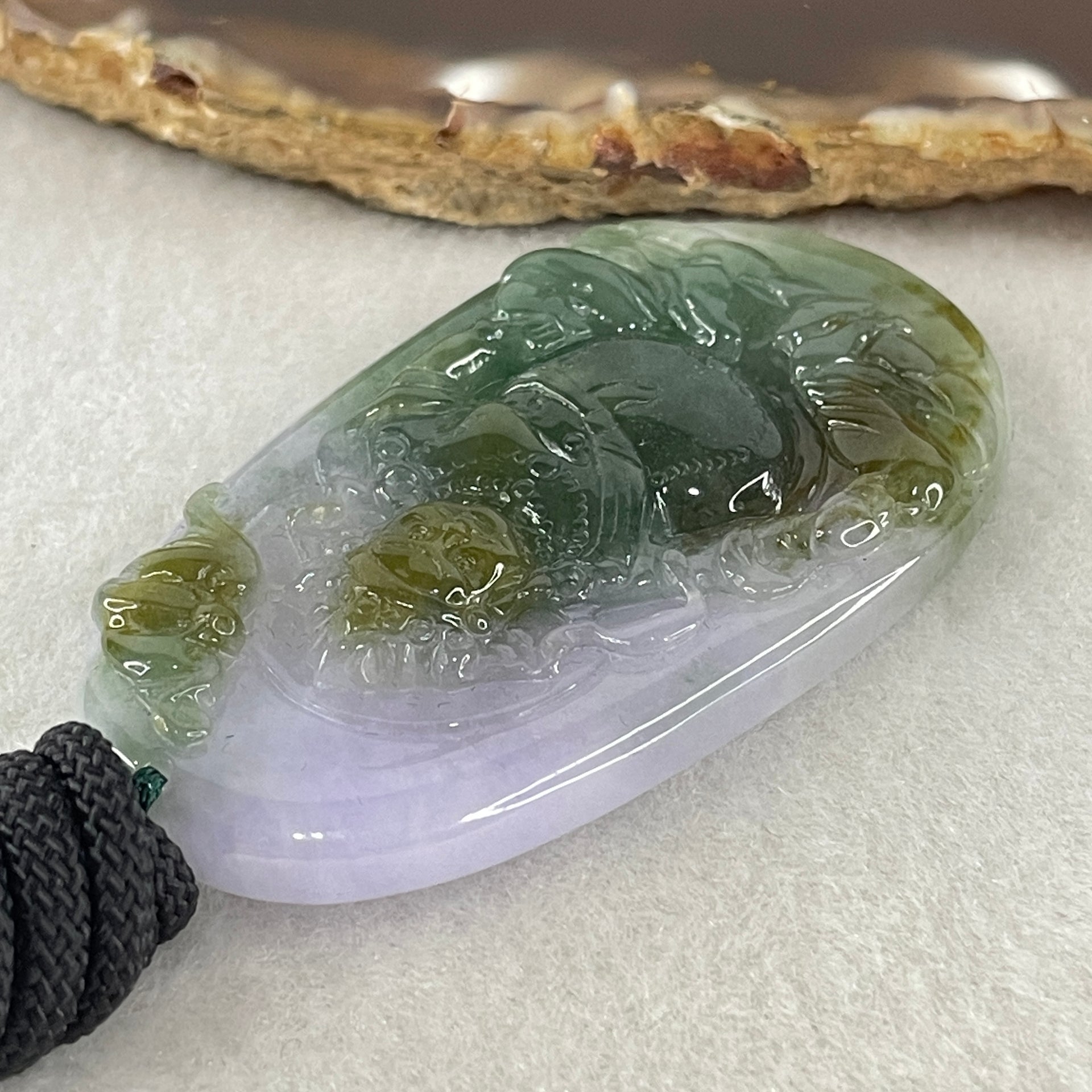 Grand Master Type A Lavender with Blueish Green and Yellowish Brown Jadeite Huang Cai Shen Chinese God of Wealth with Bat 38.89g 59.6 by 33.0 by 7.0mm - Huangs Jadeite and Jewelry Pte Ltd