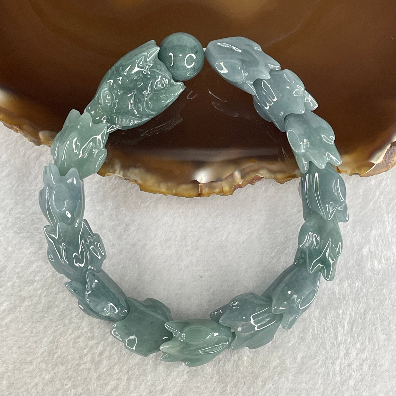 Certified Natural Type A Blueish Green Jadeite Dragon Bracelet 55.07g 16.5cm 16.0mm Dragon Head - 14.0mm 13 Pcs - Huangs Jadeite and Jewelry Pte Ltd