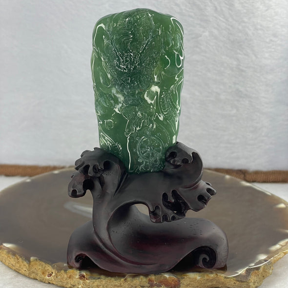 Very Rare High Icy Grand Master Type A Blueish Green Jadeite Fire Dragon with Fortune Wheel 53.03g 73.4 by 38.7 by 11.5mm with Wooden Stand - Huangs Jadeite and Jewelry Pte Ltd