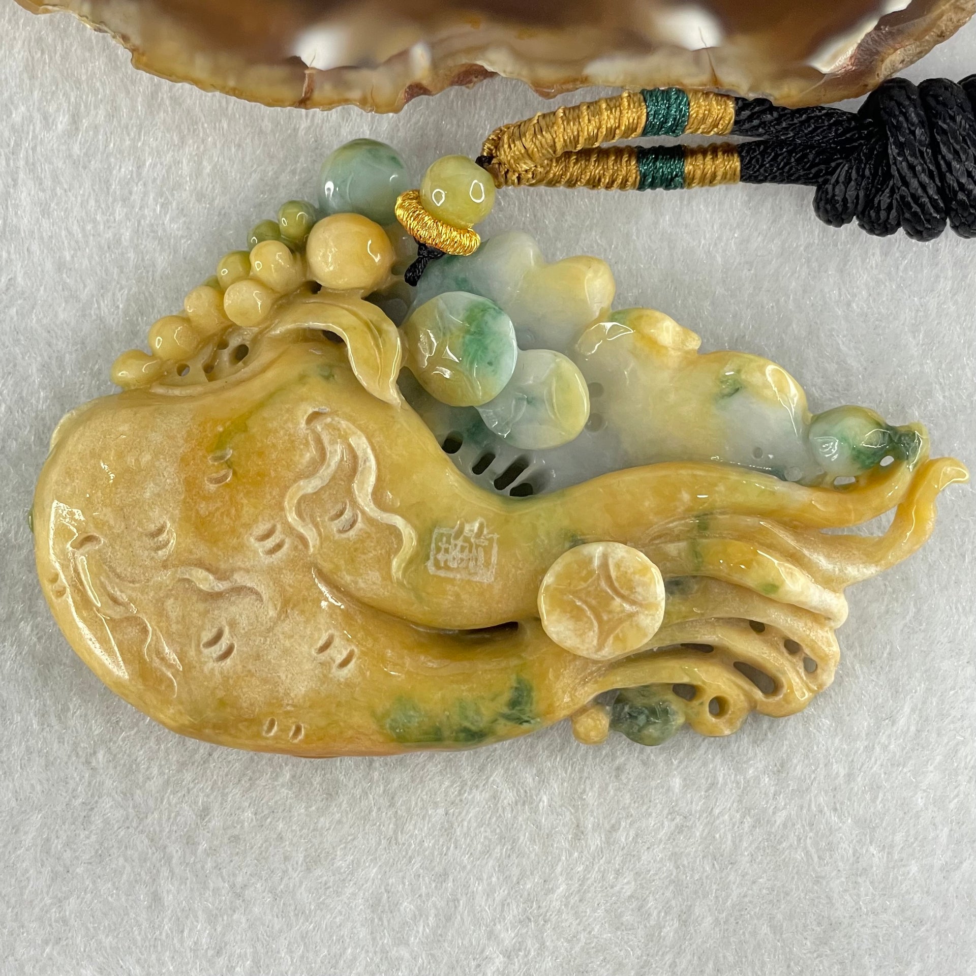 Grandmaster Type A Yellow and Lavender Patches with Old Mine Green Piao Hua Jadeite Flowers Pendant 人生如意 75.81g 84.1 by 55.7 by 14.8mm - Huangs Jadeite and Jewelry Pte Ltd