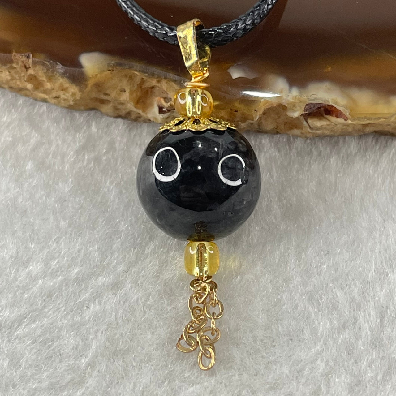 Type A Opaque Wuji Black Jadeite Bead Pendant with Black String Necklace 5.74g 13.3mm - Huangs Jadeite and Jewelry Pte Ltd