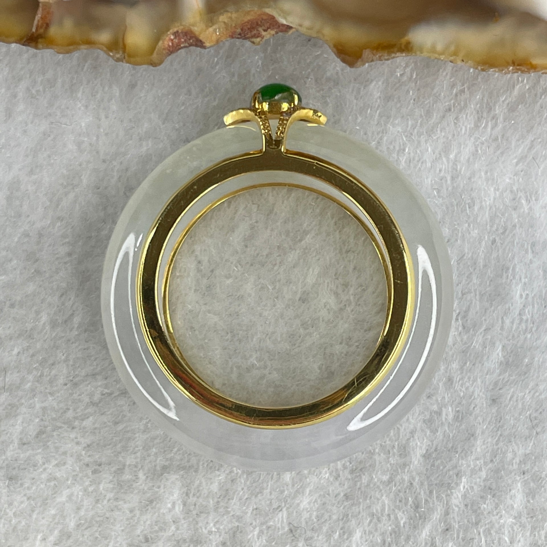 Natural Type A Icy Colorless to White Jadeite Ring with 18k Yellow Gold and Green Jadeite Bead 6.52g 6.8 by 4.5mm US 5.2 HK 11.1 - Huangs Jadeite and Jewelry Pte Ltd