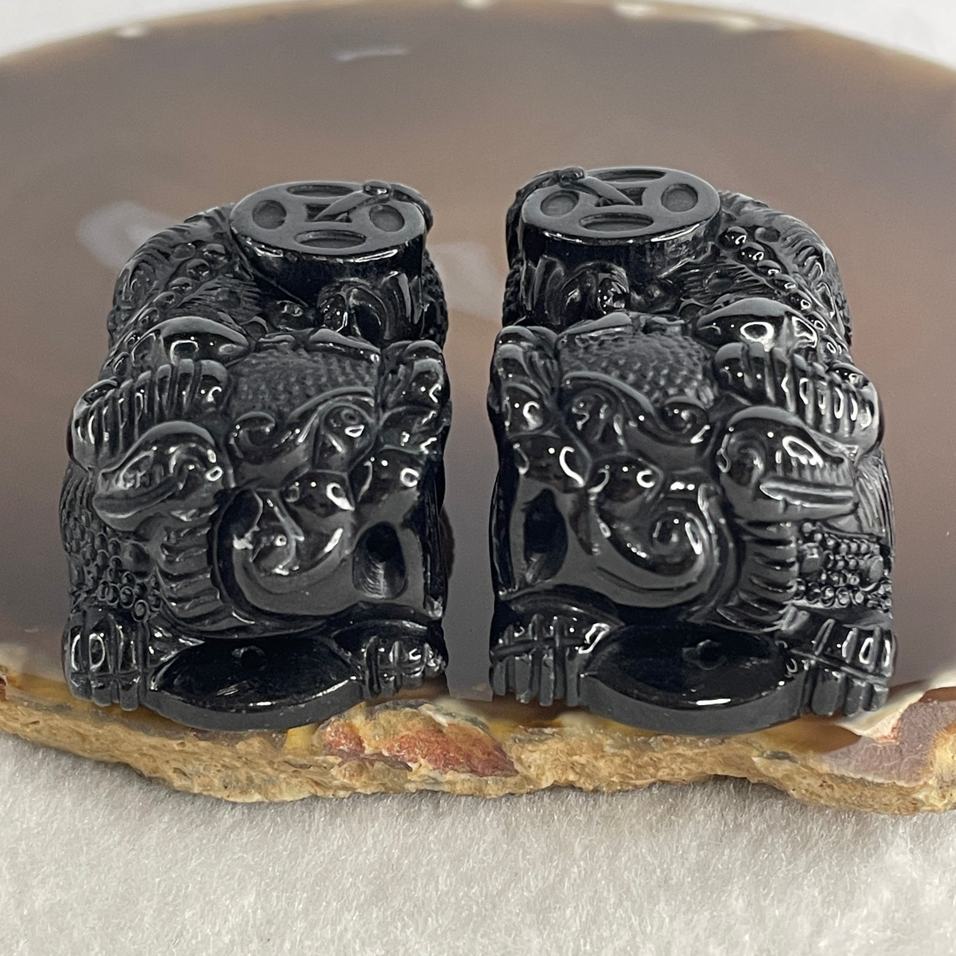 Certified Natural Type A Black Omphacite Jadeite Pixiu pair Pendant Each About 70.55g 52.7 by 29.3 by 22.6mm And 64.17g 49.0 by 27.6 by 23.0mm - Huangs Jadeite and Jewelry Pte Ltd