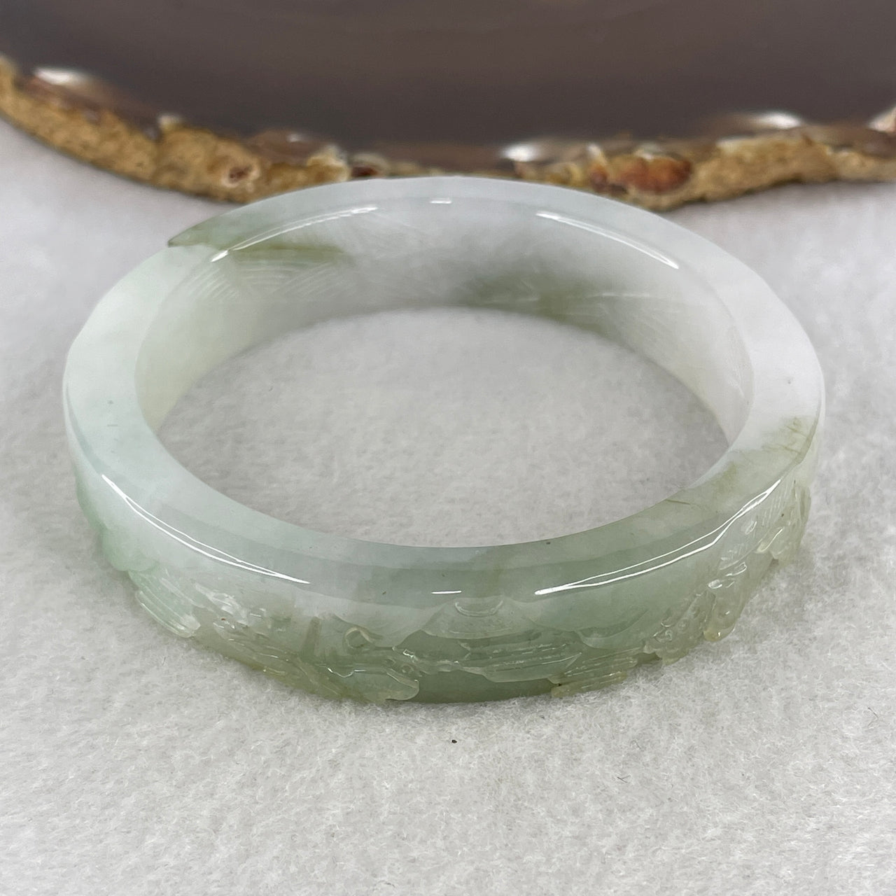 Natural Type A Jelly Jadeite Carved Bangle | 57.4mm Translucent Light Green & Light Lavender | Internal Lines "Shan Shui" Landscape & "Guiren" Benefactor Heirloom (60.79g 14.2x7.5mm)