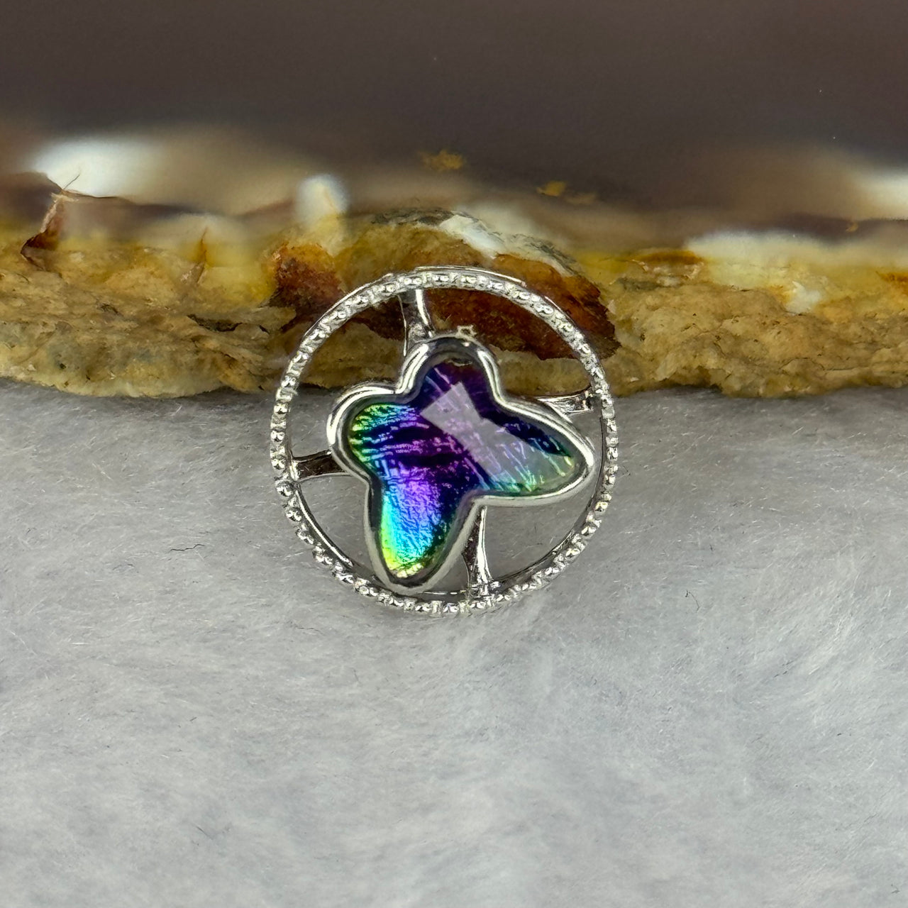 Natural Meteorite Spinning Purple with Yellow Color Butterfly Charm in S925 Silver 1.74g 13.1 by 6.0mm - Huangs Jadeite and Jewelry Pte Ltd