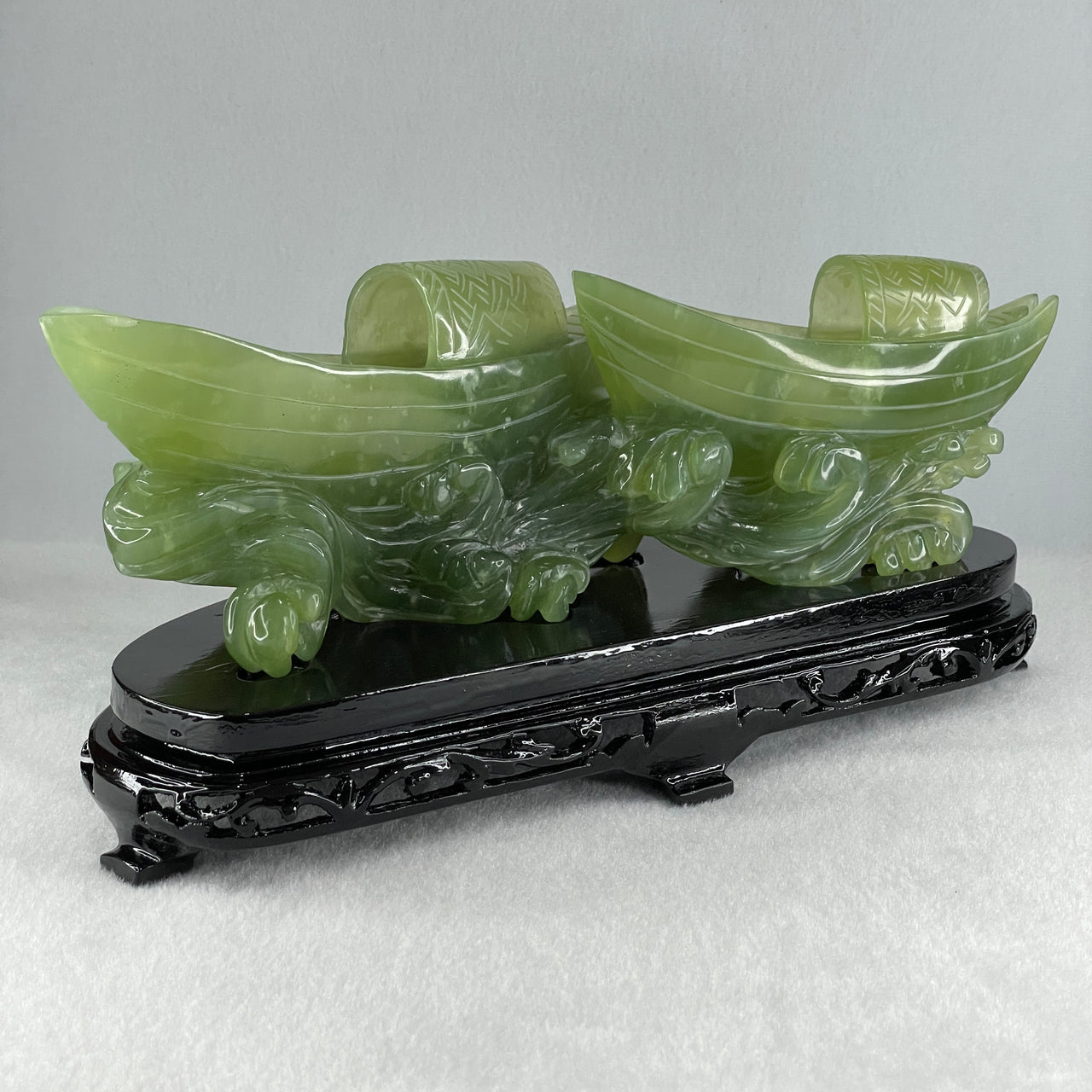 Natural Semi Icy Green Serpentine Double Boats Display 1,692.9g 287.0 by 121.0 by 130.0mm