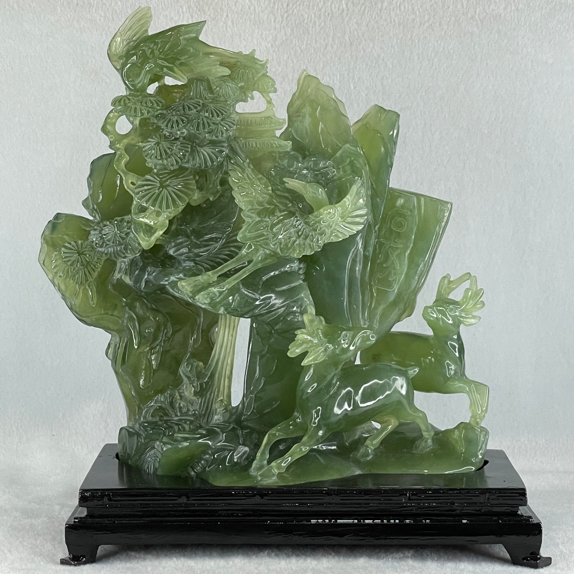 Natural Icy Dark Green Serpentine Double Reindeers with Twin Cranes on Shan Shui with Wooden Stand Display 1,804.8g 210.0 by 109.0 by 228.0mm - Huangs Jadeite and Jewelry Pte Ltd