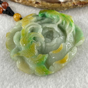 Grandmaster Type A Blueish Green with Green and Yellow Patches Jadeite Three Birds with Flowers Pendant with Beads Necklace 花开富贵 67.26g 60.mm 49.1 by 56.5 by 12.0mm - Huangs Jadeite and Jewelry Pte Ltd