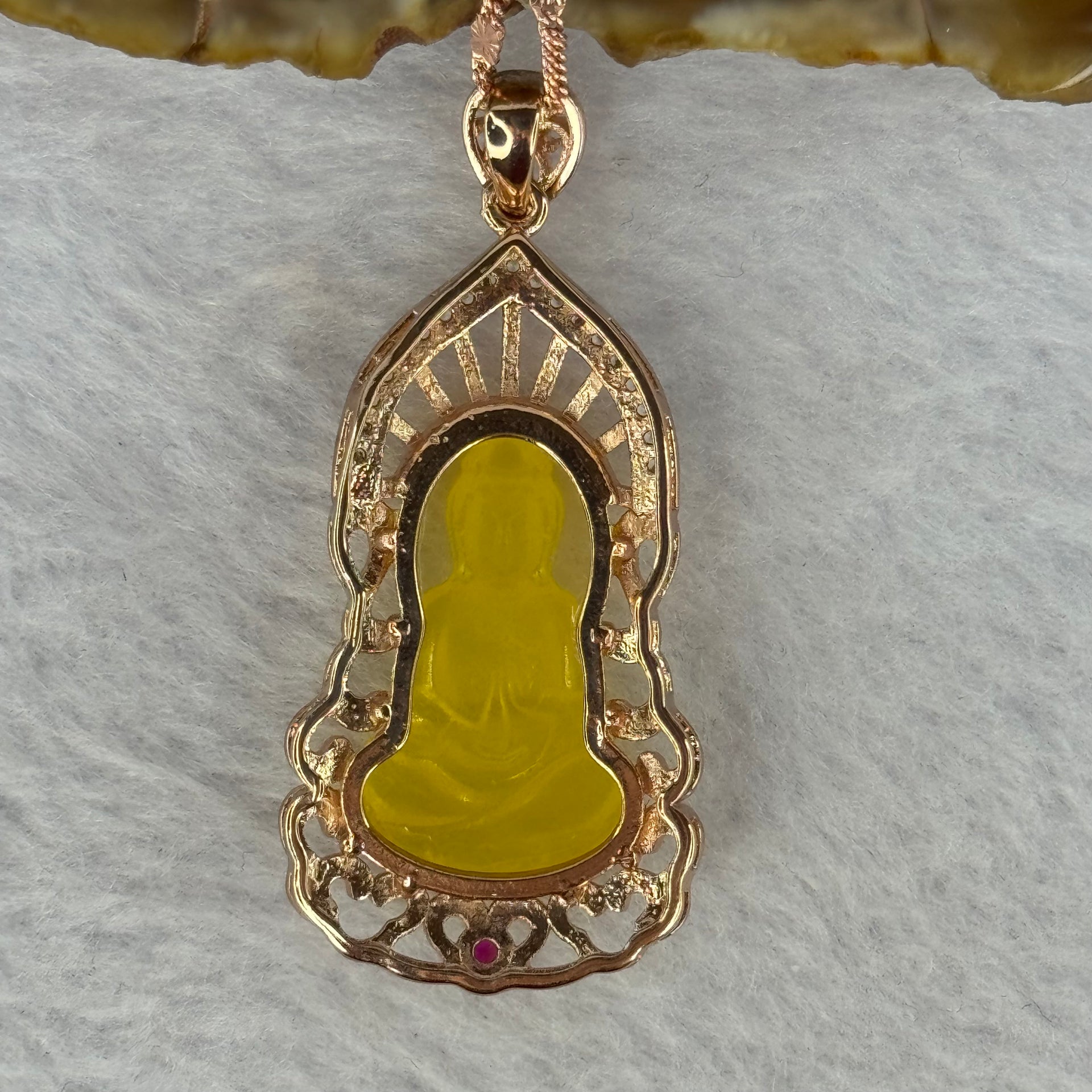 Natural Yellow Amber Guan Yin with Crystals in Silver Rose Gold Color Necklace 7.81g 16.5 by 8.1 by 3.0mm - Huangs Jadeite and Jewelry Pte Ltd