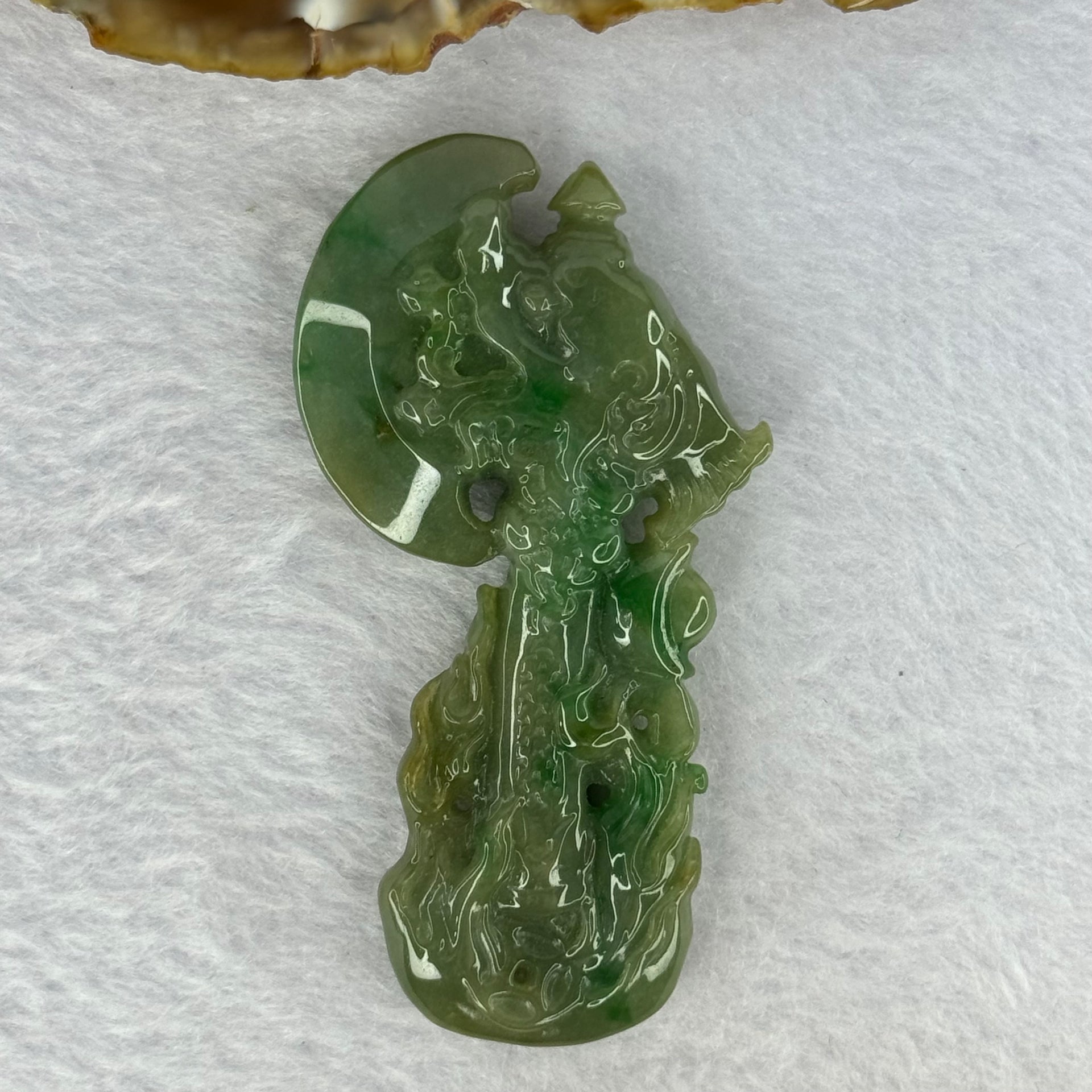 Type A Green Jadeite Dragon Axe with Ingot Pendent 36.64g 69.6 by 36.6 by 11.4mm - Huangs Jadeite and Jewelry Pte Ltd