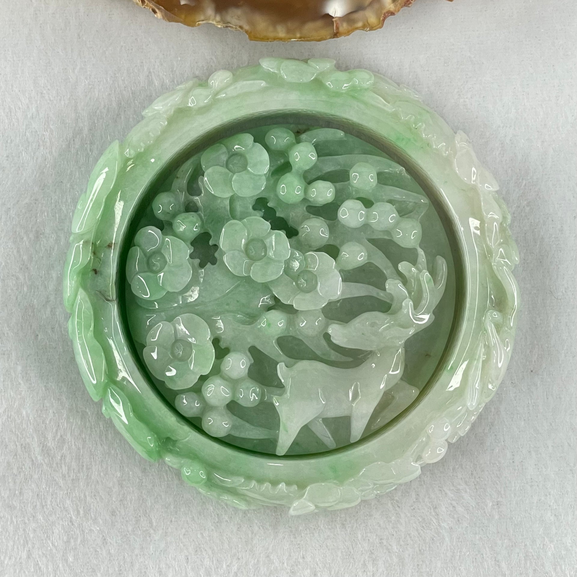 Type A Green with Faint Lavender Jadeite Deer with Ruyi and Flowers Bangle Inner Diameter 60.5mm 12.9 by 10.6mm and Pendant 58.6 by 12.9mm Total 153.67g - Huangs Jadeite and Jewelry Pte Ltd