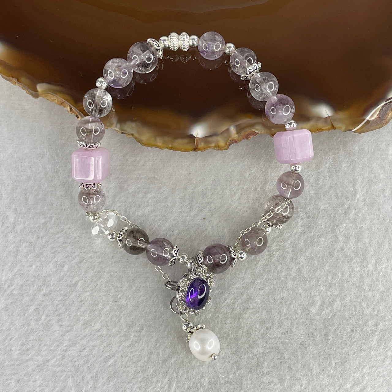 Natural Super 7 Amethyst Bracelet with Amethyst Charm in Silver Finish | 14.5cm Tailored Strand | 7.2mm Sacred Seven "Melody Stone" Cosmic Harmony Wrist Heirloom (16.46g)