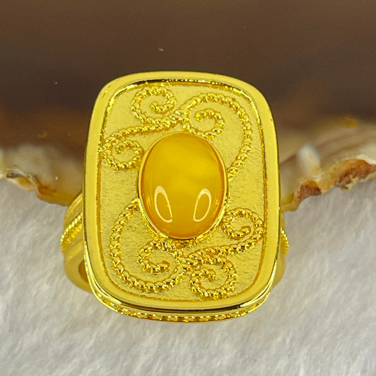 Natural Butterscotch Amber in  Sliver Gold Color Ring (Adjustable Size) 7.54g 9.9 by 7.1 by 3.5mm - Huangs Jadeite and Jewelry Pte Ltd