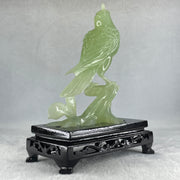 Natural Green Serpentine Javan Mynah Birds on Tree with Wooden Stand Display 430.6g 137.0 by 190.0 by 75.0mm - Huangs Jadeite and Jewelry Pte Ltd