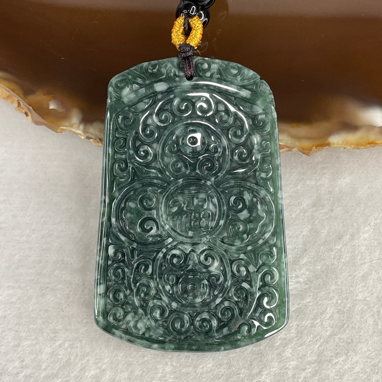 Certified Natural Type A Blueish-Green Jadeite "FU" Blessings Pendant | Genuine Black Onyx Bead Necklace | 67cm Opera Length | 51.1x34.2x4.2mm Imperial Heritage Sovereign Protection Amulet (37.08g)