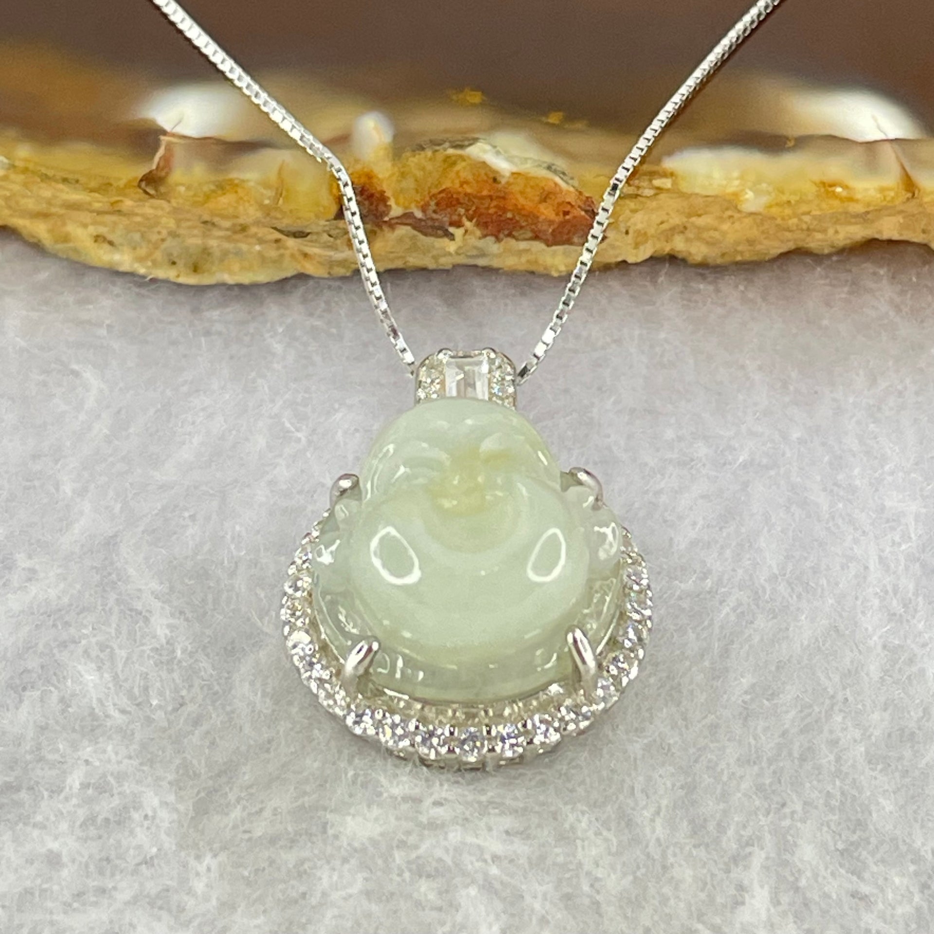 Type A Faint Green Lavender Yellow Milo Buddha with Crystals in S925 Sliver Pendant and Necklace 5.52g 13.9 by 13.9 by  7.5mm - Huangs Jadeite and Jewelry Pte Ltd