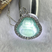 Type A Icy Blueish Green Jadeite Milo Buddha Pendent with Crystals in S925 Sliver Setting and Chain 11.73g 20.8 by 23.5 by 3.5mm - Huangs Jadeite and Jewelry Pte Ltd