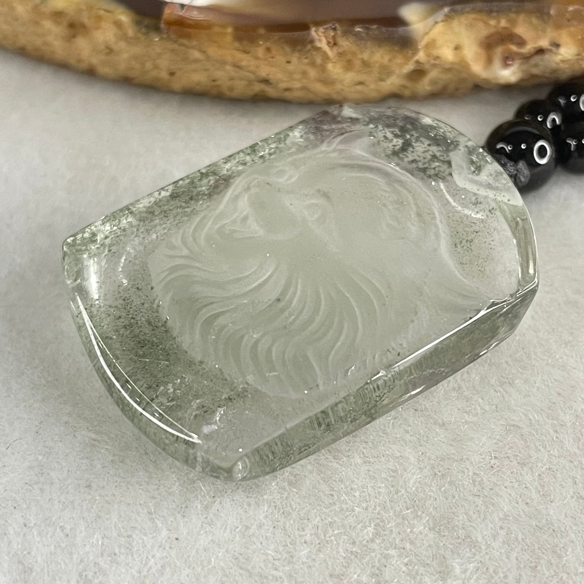 Above Average Grade Natural Green Phantom Quartz Tiger Pendant with Onyx Beads Necklace 28.56g 33.4 by 23.7 by 10.0mm - Huangs Jadeite and Jewelry Pte Ltd