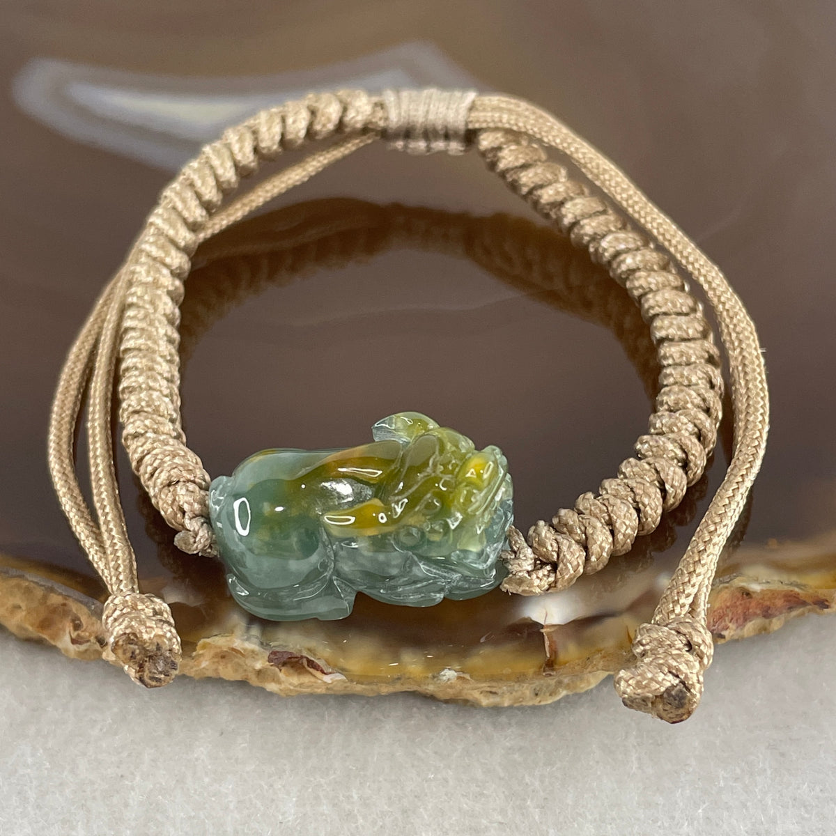 Natural Type A Blueish-Green & Brownish Jadeite Pixiu Bracelet Focal Charm | Wealth Guardian & Asset Protection Talisman (6.69g | 21.1 x 10.2 x 11.2mm) - Huangs Jadeite and Jewelry Pte Ltd