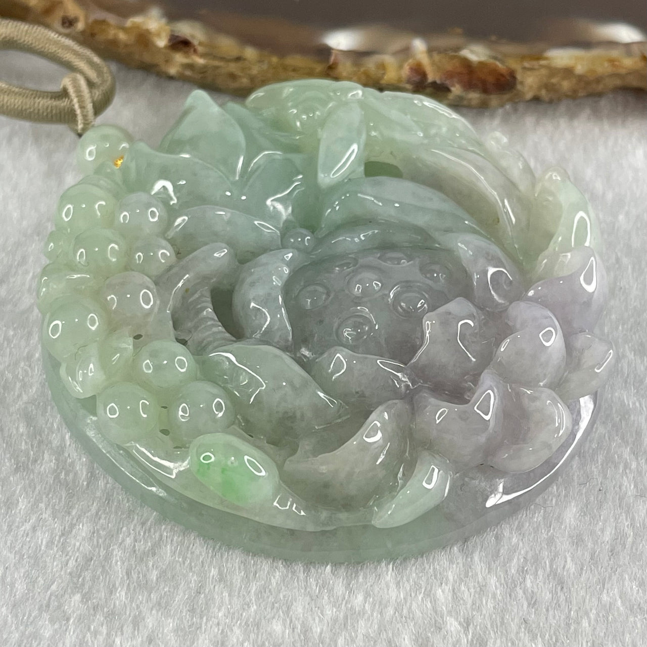 Grandmaster Type A Blueish Green and Lavender Jadeite Insect And Flower Pendant 和和美美 79.16g 58.1 by 58.1 by 13.5mm - Huangs Jadeite and Jewelry Pte Ltd