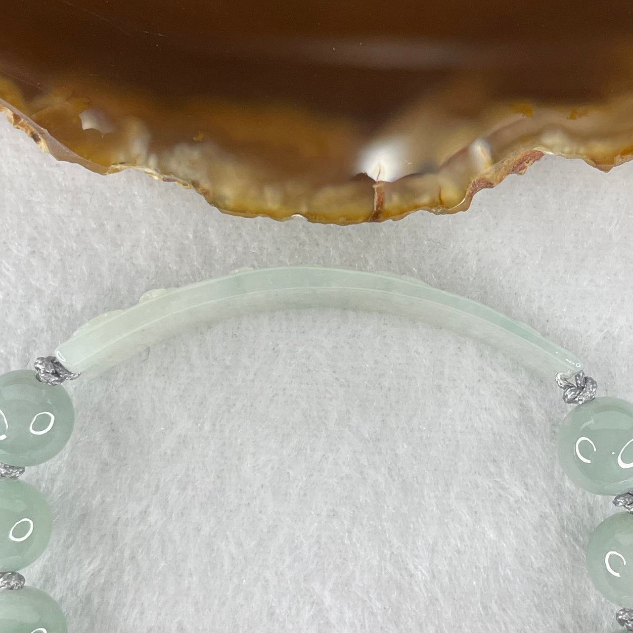 Natural Type A Light Blueish Green Jadeite Bracelet | 9mm Round Beads with Carved Shan Shui Gui Ren Benefactor 46.5x13.2x2.5mm Amulet Adjustable String Bracelet (20.47g 16-20cm)